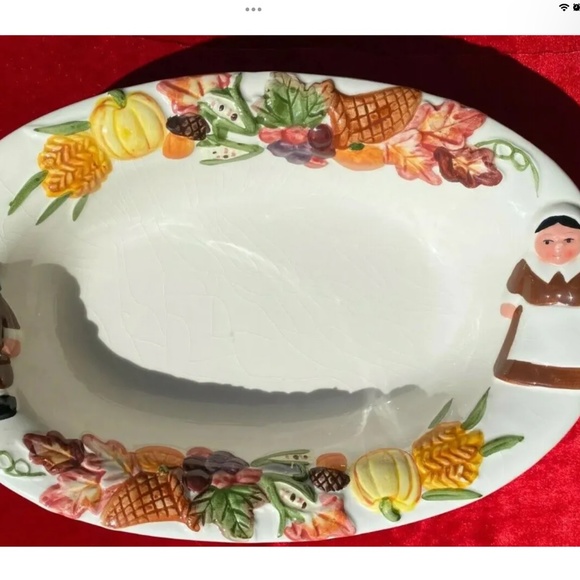 Publix The Pilgrim Pair 2002 Thanksgiving Serving Bowl 12.5" x 8.5" X 2.5" Deep - Picture 1 of 4